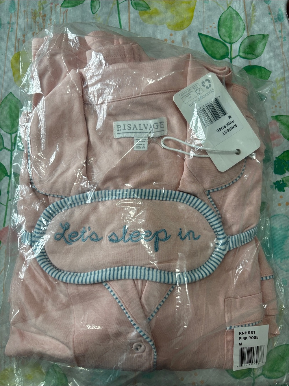 P.J. Salvage NEW WITH TAGS Pink Rose Pajama Set with Striped Trim and Sleep Mask
